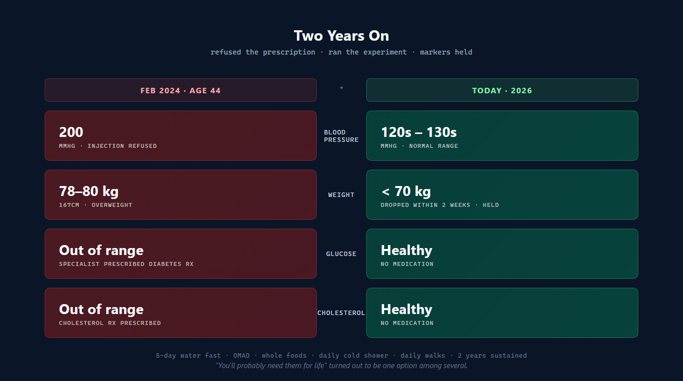 Side-by-side metric comparison: Feb 2024 vs today — blood pressure 200 dropped to 120s-130s, weight 78-80kg dropped to under 70kg, glucose and cholesterol moved from out-of-range to healthy.