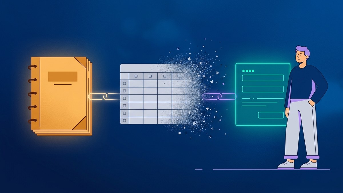 A paper logbook, a dissolving spreadsheet step, and a digital form — one step being removed.